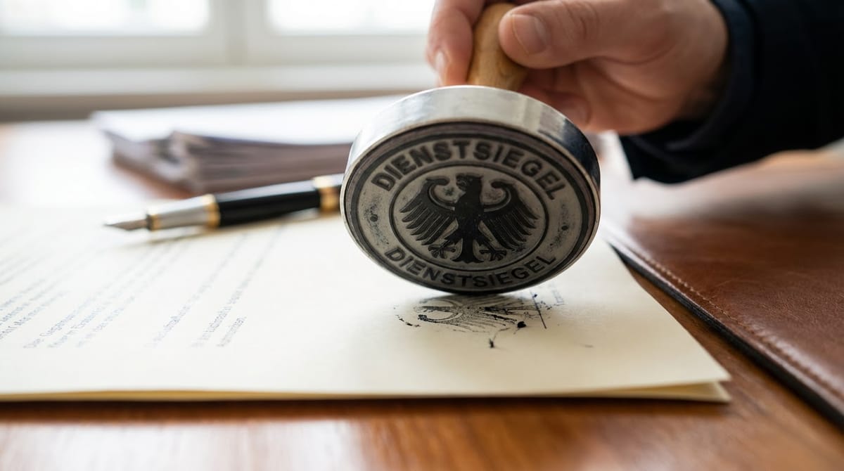 Dienstsiegel mit Bundesadler wird auf ein amtliches Dokument gestempelt