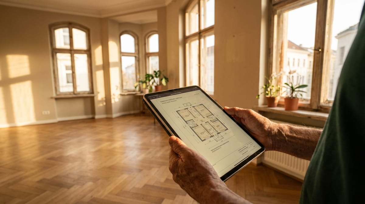 Grundriss auf Tablet in einer lichtdurchfluteten Altbauwohnung