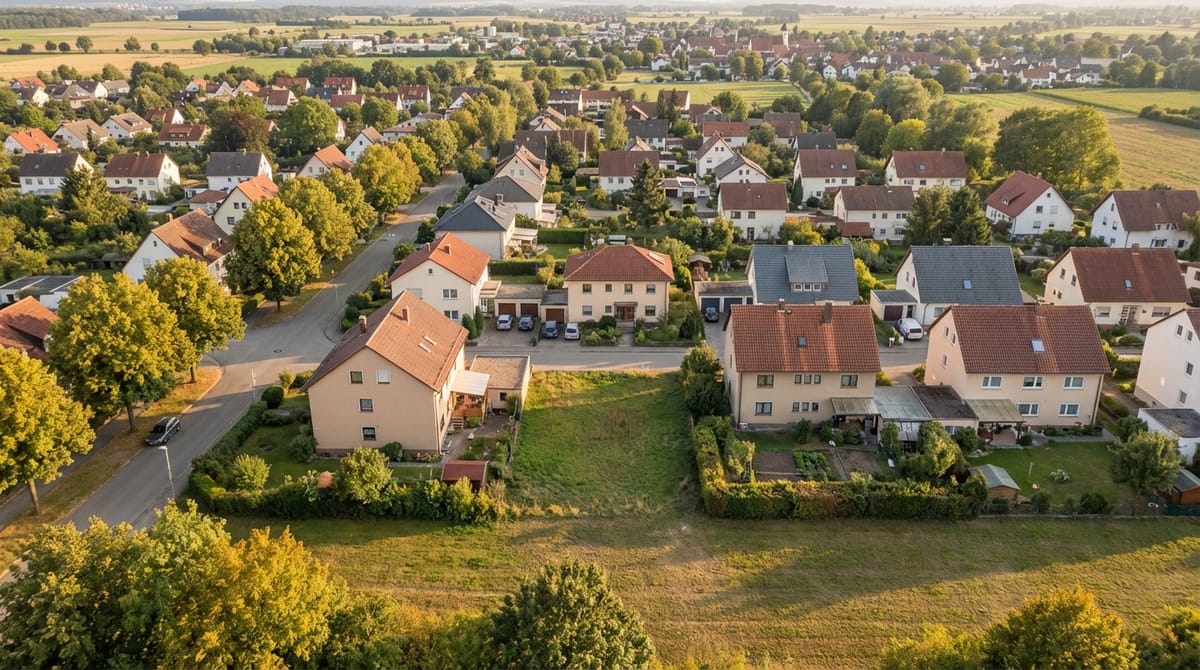 Luftaufnahme einer deutschen Wohnsiedlung im Abendlicht