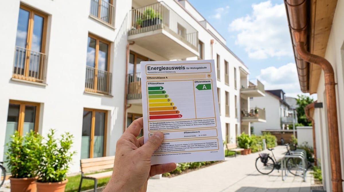 Hand hält Energieausweis für Wohngebäude mit Effizienzklasse A vor einem Mehrfamilienhaus