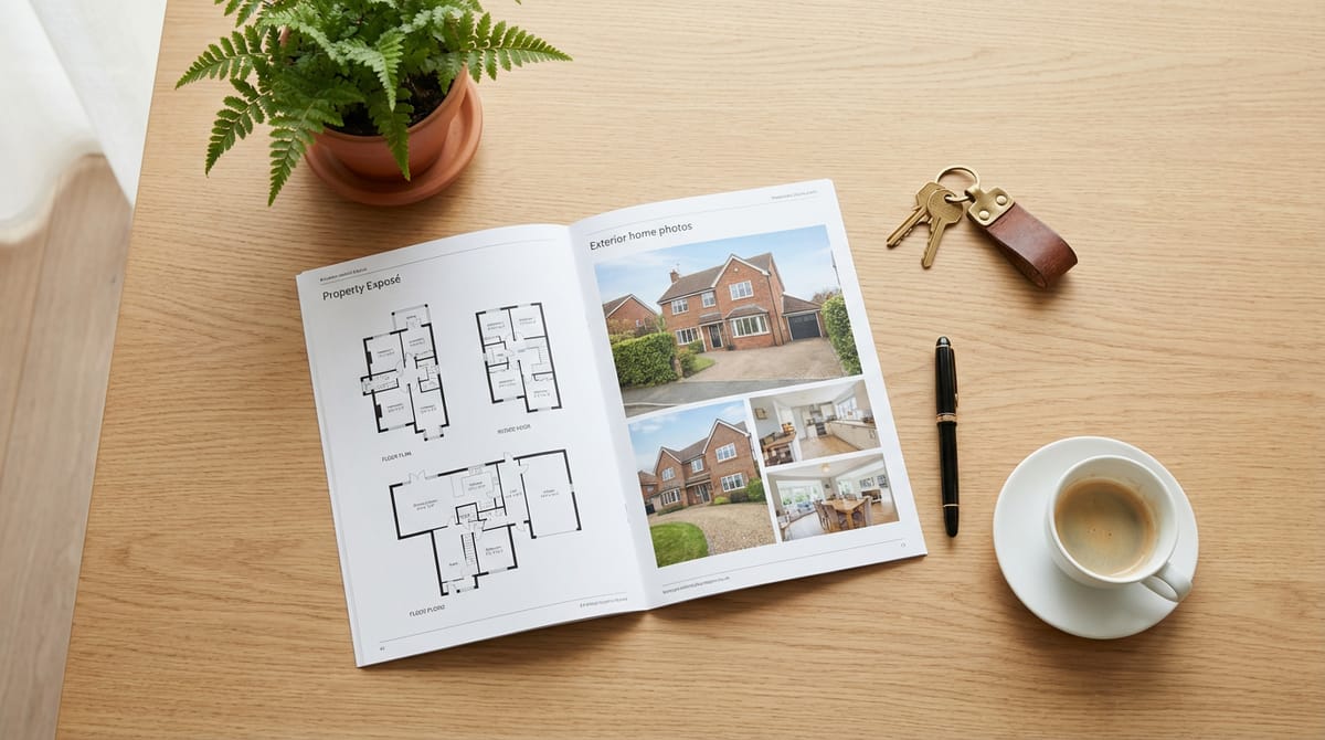 Aufgeschlagenes Immobilien-Exposé mit Grundrissen und Fotos auf einem Schreibtisch