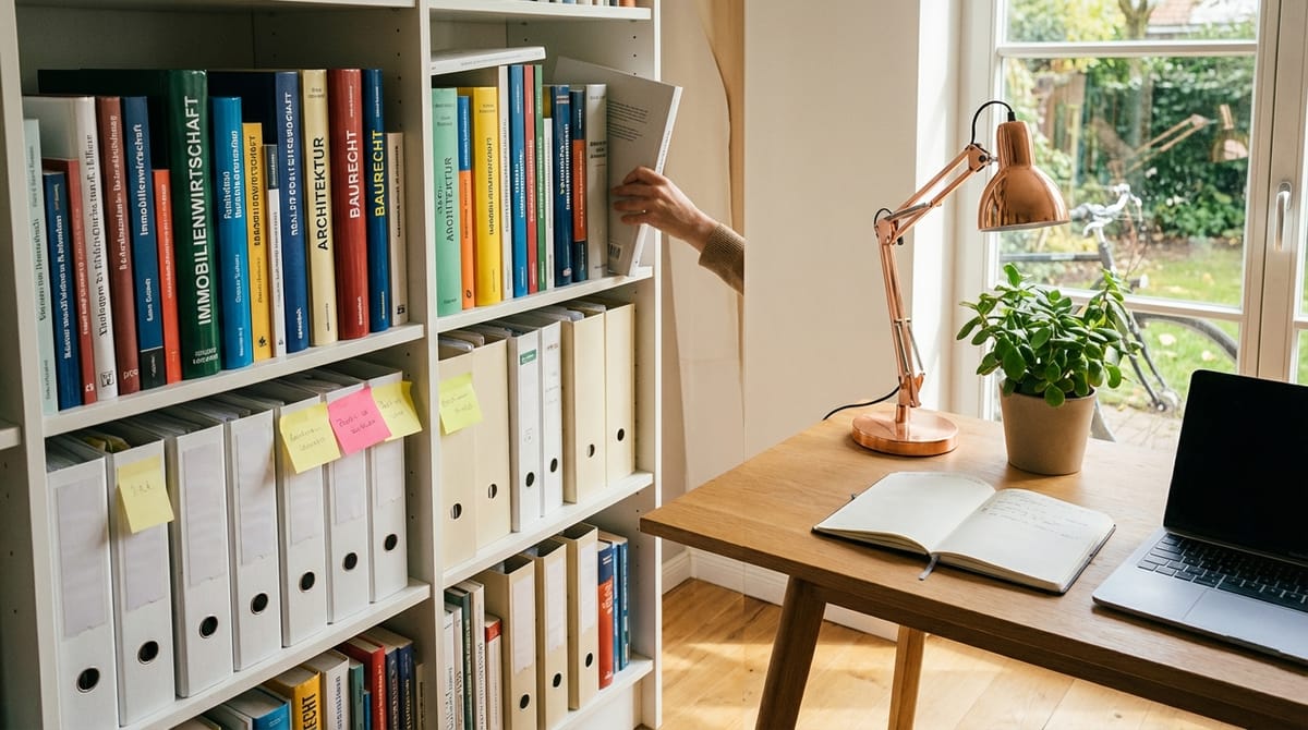 Bücherregal mit Immobilien- und Baufachbüchern neben einem Schreibtisch mit Laptop