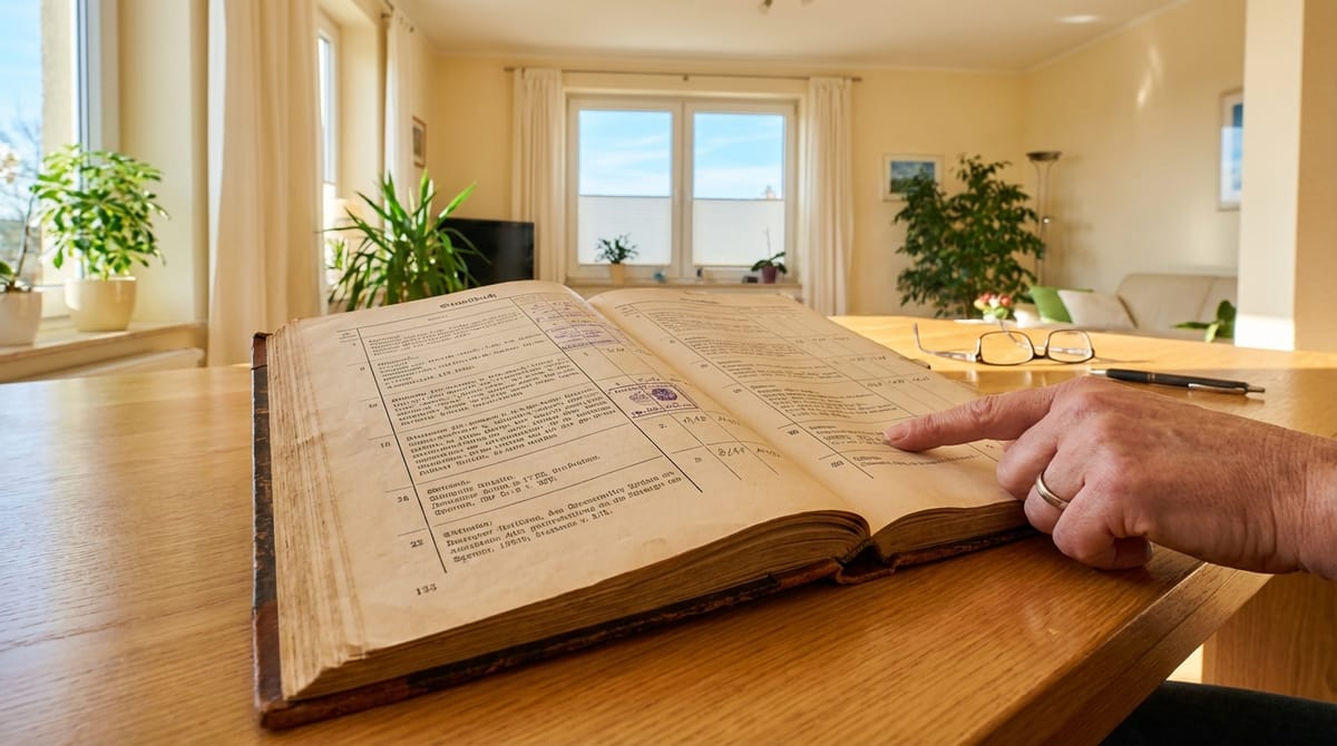 Altes Grundbuch aufgeschlagen auf einem Holztisch