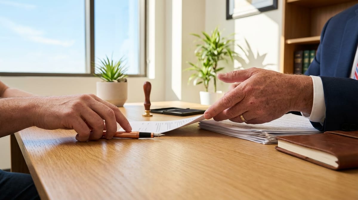 Vertragsunterzeichnung beim Notar mit Stempel und Dokumenten