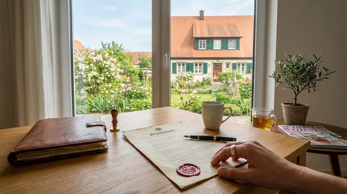 Grundschuld-Urkunde mit Siegel auf einem Schreibtisch