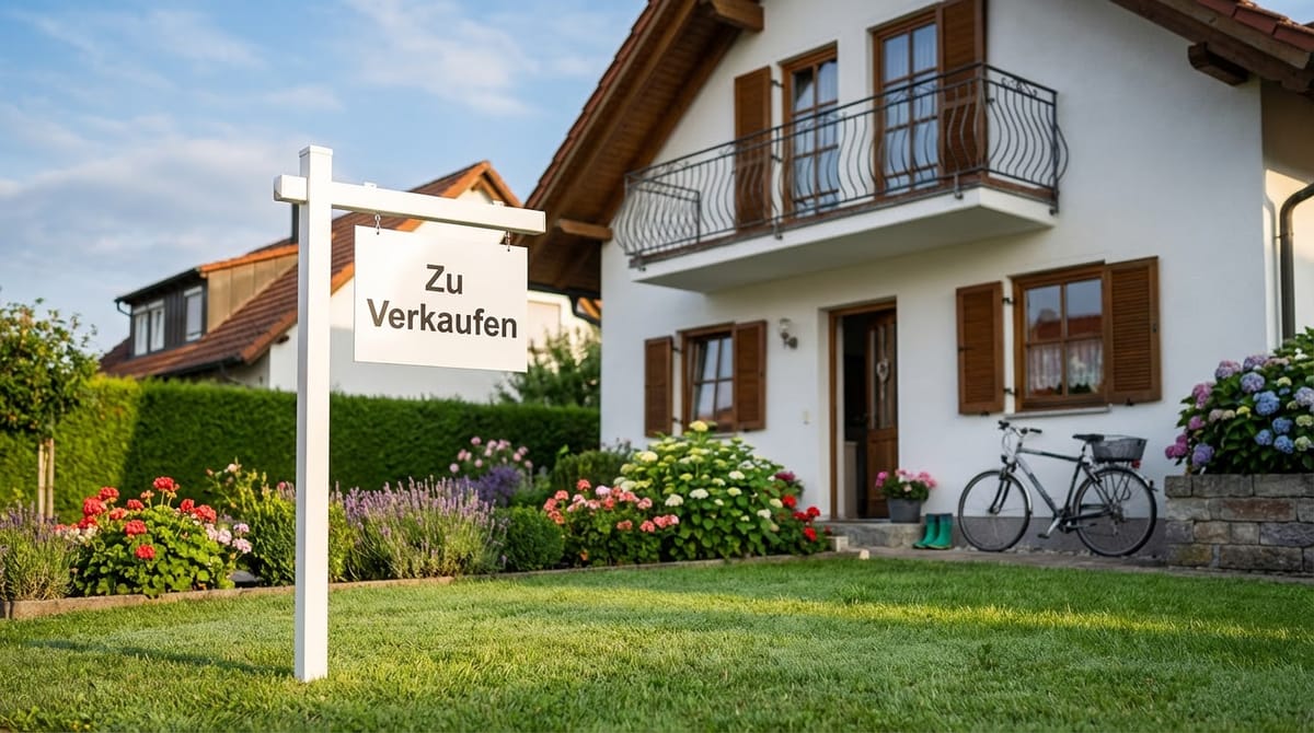 Einfamilienhaus mit Zu-Verkaufen-Schild im gepflegten Vorgarten
