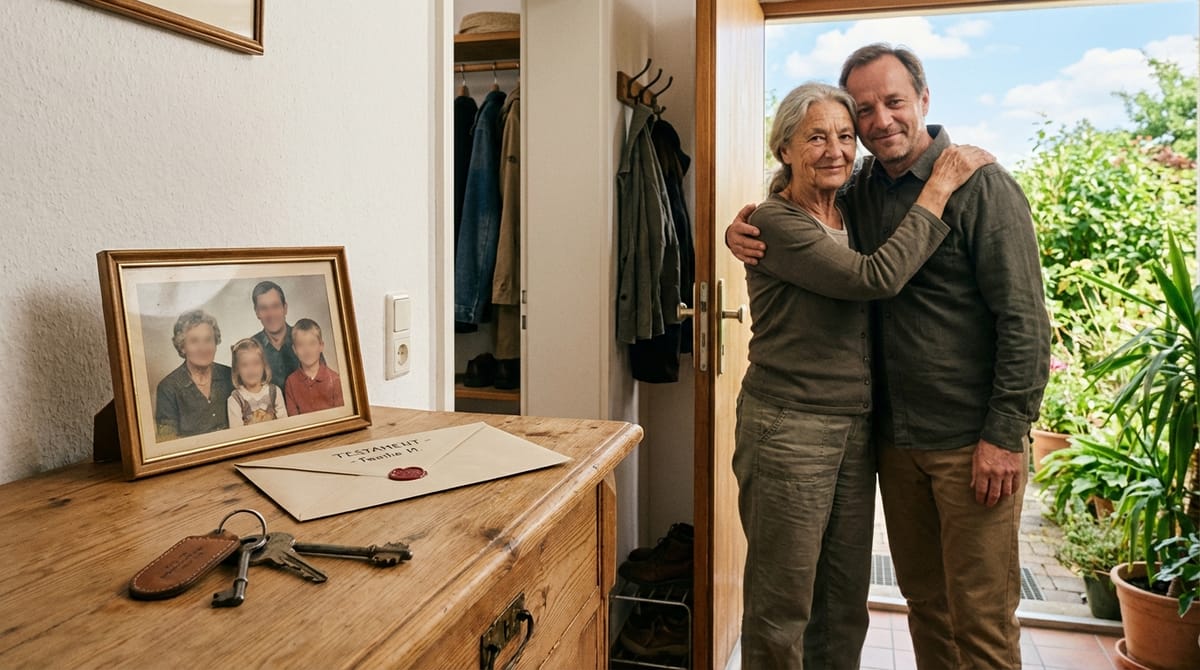 Mutter und Sohn stehen im Eingang eines geerbten Hauses neben Testament und Schlüssel