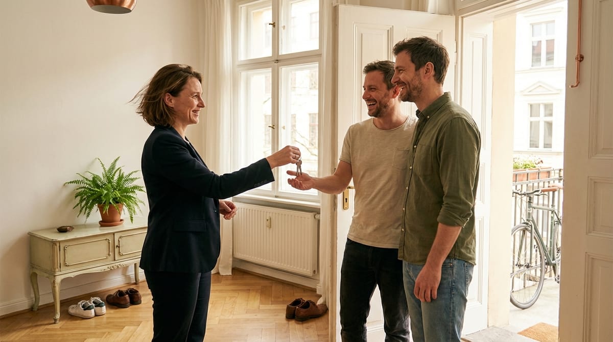 Maklerin übergibt lächelnd den Schlüssel an zwei Käufer in einer Altbauwohnung