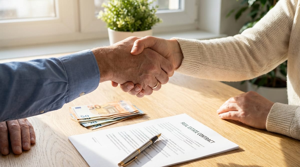 Handschlag über einem Immobilienvertrag mit Euroscheinen auf dem Tisch