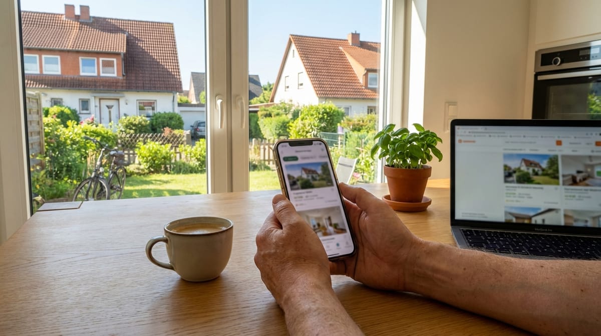 Person durchsucht Immobilienangebote auf Smartphone und Laptop