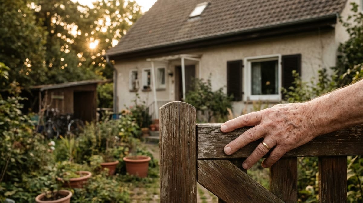 Hand am Gartentor eines bewachsenen Grundstücks im Abendlicht