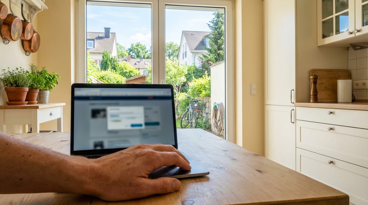 Person am Laptop in der Küche recherchiert Immobilienangebote online