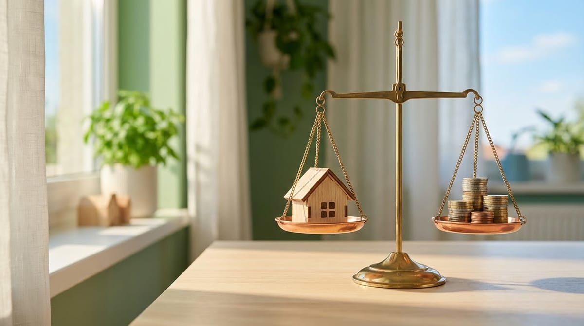 Goldene Waage mit Miniatur-Holzhaus und Münzstapel auf einem Schreibtisch