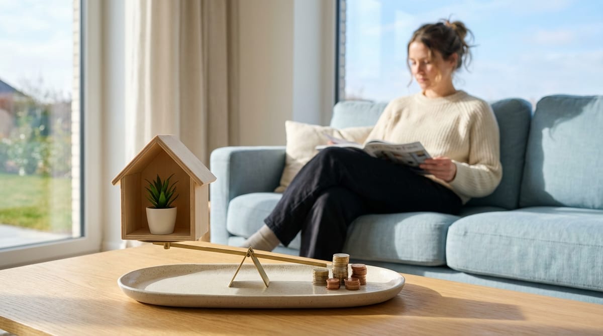 Miniatur-Haus und Münzen auf einer Waage als Symbol für Immobilienbewertung