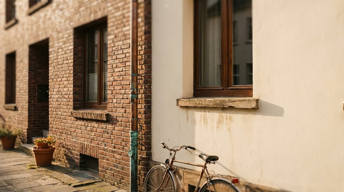 Backsteinfassade und Putzfassade mit Fahrrad in einer Altstadt-Gasse