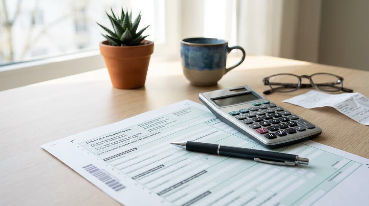 Einkommensteuererklärung mit Taschenrechner und Kugelschreiber auf dem Schreibtisch