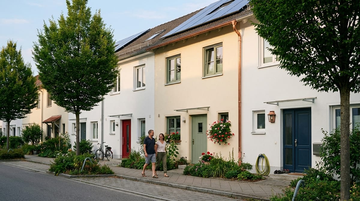 Reihenhaussiedlung mit Paar vor begrünten Vorgärten