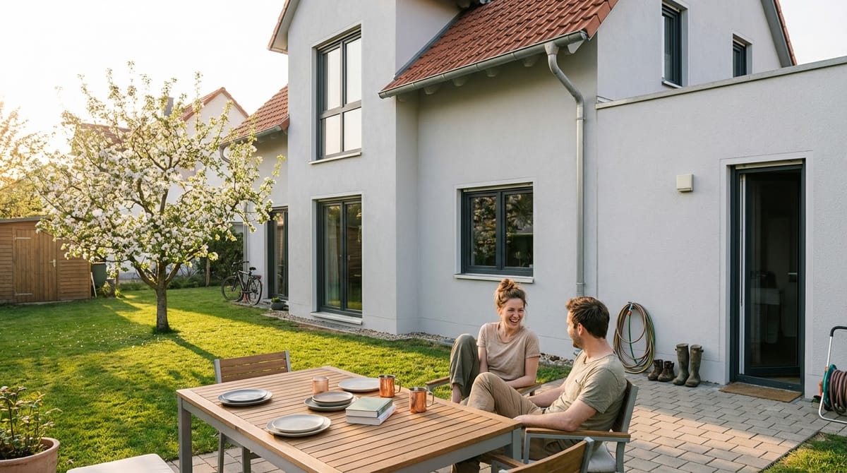 Junges Paar frühstückt auf der Terrasse ihres Einfamilienhauses